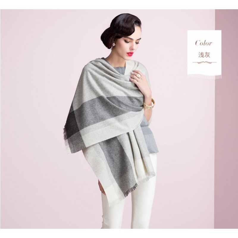 Pure Cashmere Scarf Women Gray Big Plaid Fashional Winter Warm Scarf